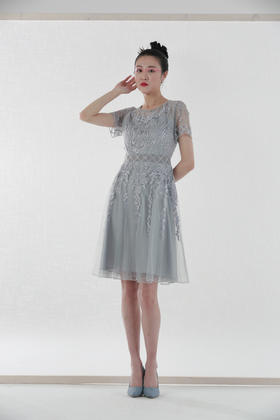 3S5892--相思灰色定位浮雕刺绣连衣裙