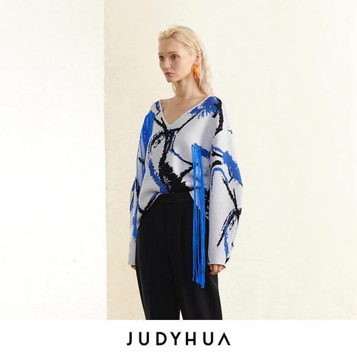 JUDYHUA 蓝白提花手工曲线针织毛衣 商品图1