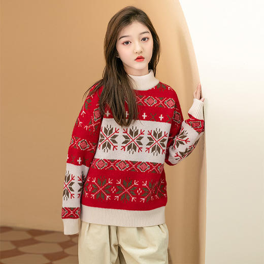【森系母女亲子装儿童红色毛衣】2021春款童装女学生女童拜年服冬加厚新年 商品图2
