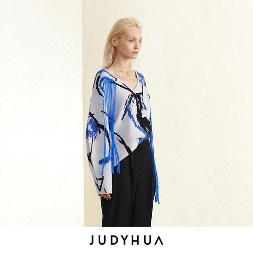 JUDYHUA 蓝白提花手工曲线针织毛衣 商品图2