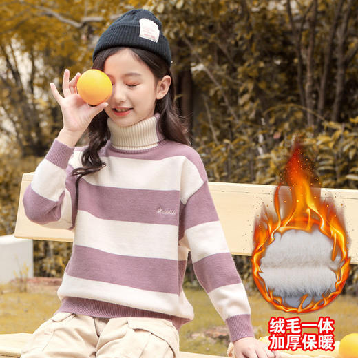 【韩版女童一体绒高领针织毛衣】加绒加厚条纹新款2020毛衣秋冬打底衫 商品图4