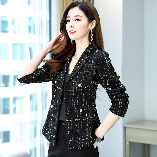 HR  WY807-19韩版格纹小香风纯色翻领西装外套 商品图3