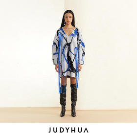 JUDYHUA 蓝白提花手工曲线中长款针织毛衣连衣裙