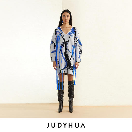 JUDYHUA 蓝白提花手工曲线中长款针织毛衣连衣裙 商品图0