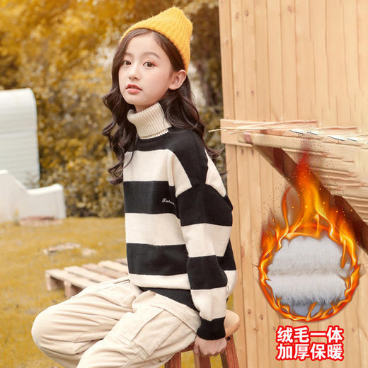 【韩版女童一体绒高领针织毛衣】加绒加厚条纹新款2020毛衣秋冬打底衫 商品图5