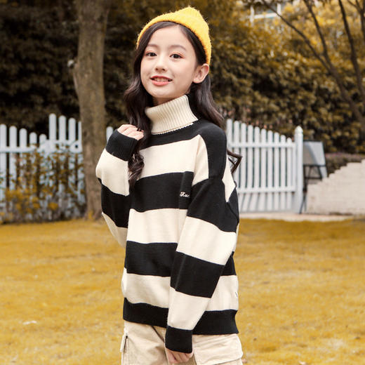 【韩版女童一体绒高领针织毛衣】加绒加厚条纹新款2020毛衣秋冬打底衫 商品图2