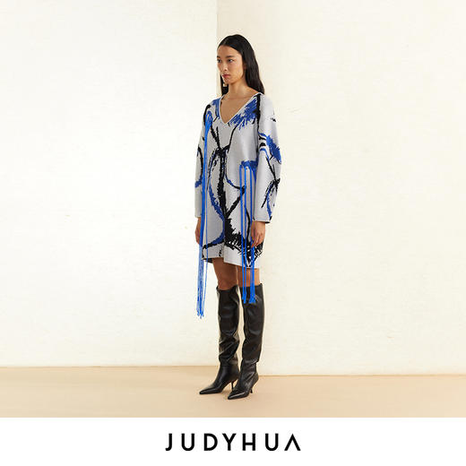 JUDYHUA 蓝白提花手工曲线中长款针织毛衣连衣裙 商品图1