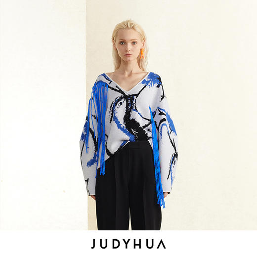 JUDYHUA 蓝白提花手工曲线针织毛衣 商品图0