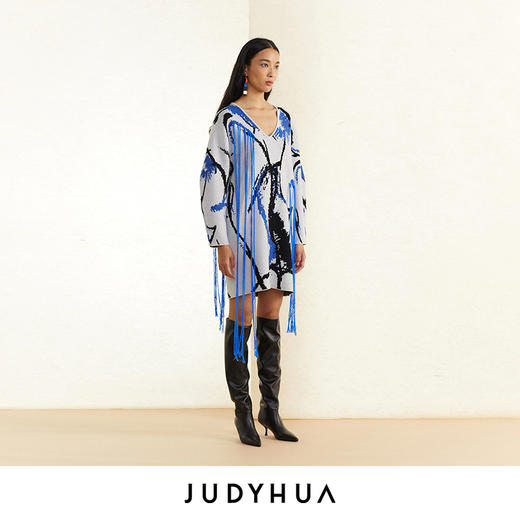 JUDYHUA 蓝白提花手工曲线中长款针织毛衣连衣裙 商品图2