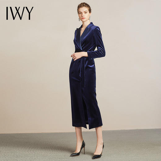 【售罄下架】IWY/高端职业装连衣裙女时尚藏蓝色系带丝绒套装气质通勤商务长裙204018Q1 商品图4