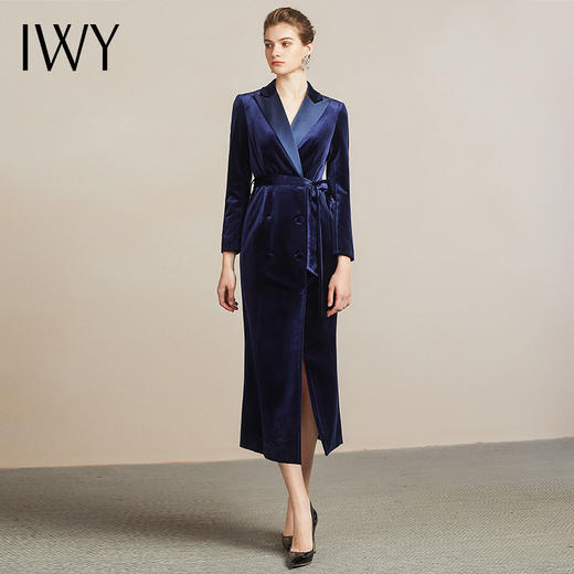 【售罄下架】IWY/高端职业装连衣裙女时尚藏蓝色系带丝绒套装气质通勤商务长裙204018Q1 商品图1