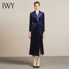 【售罄下架】IWY/高端职业装连衣裙女时尚藏蓝色系带丝绒套装气质通勤商务长裙204018Q1