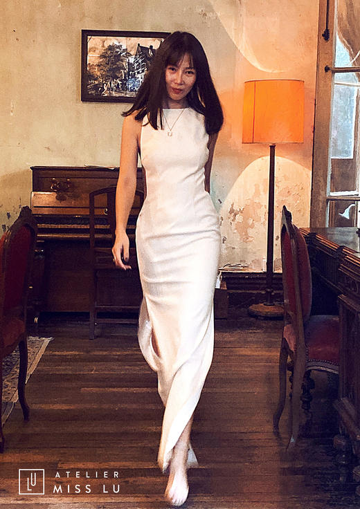 AtelierMissLu / Hera-牙白色高开叉露腰修身性感连衣裙 商品图3