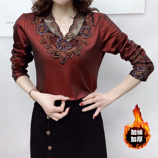 PDD-YLNZ210116新款时尚洋气百搭V领长袖拼接镶钻蕾丝弹力加绒打底衫 商品图4