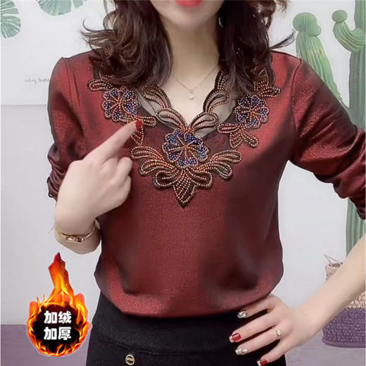 PDD-YLNZ210116新款时尚洋气百搭V领长袖拼接镶钻蕾丝弹力加绒打底衫 商品图0