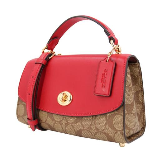 蔻驰COACH 奢侈品 女士小号手提单肩斜挎包浅棕配红色PVC配皮 C1439 IMS5J 商品图1