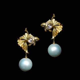 龢盒原创 18k金镶白冰翡翠珍珠金鱼二用耳坠耳环/吊坠项链