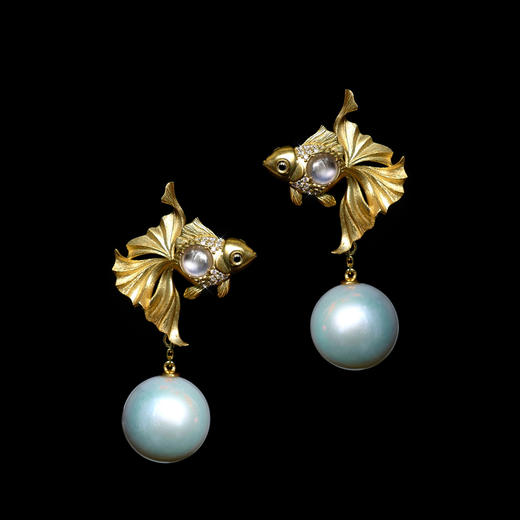 龢盒原创 18k金镶白冰翡翠珍珠金鱼二用耳坠耳环/吊坠项链 商品图0