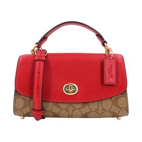 蔻驰COACH 奢侈品 女士小号手提单肩斜挎包浅棕配红色PVC配皮 C1439 IMS5J