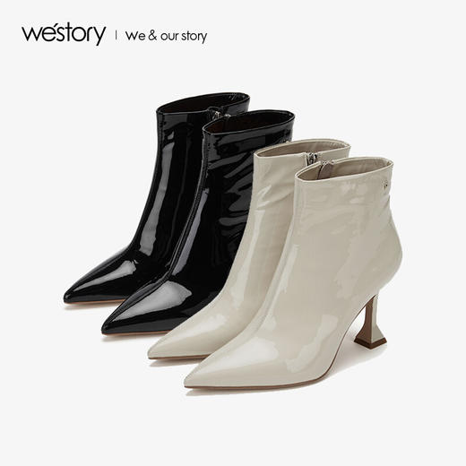 westory商场同款漆皮尖头显瘦小亮眼漆皮浪漫大方高跟靴女简约优雅W29DS80041 商品图0