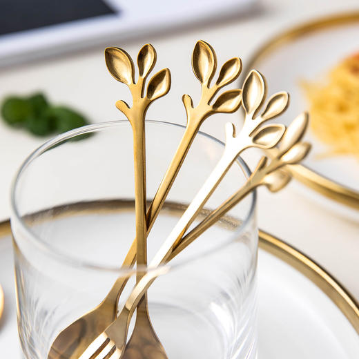 摩登主妇金色不锈钢树叶水果叉套装创意可爱小叉子甜品蛋糕勺果签 商品图0