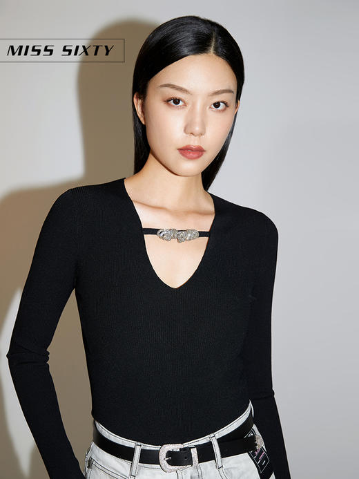 Miss Sixty2021春季新款针织衫女V领烫钻盘绳扣修身6N1RJ4400000 商品图2