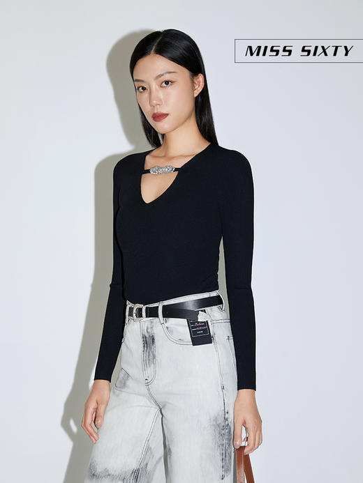 Miss Sixty2021春季新款针织衫女V领烫钻盘绳扣修身6N1RJ4400000 商品图5