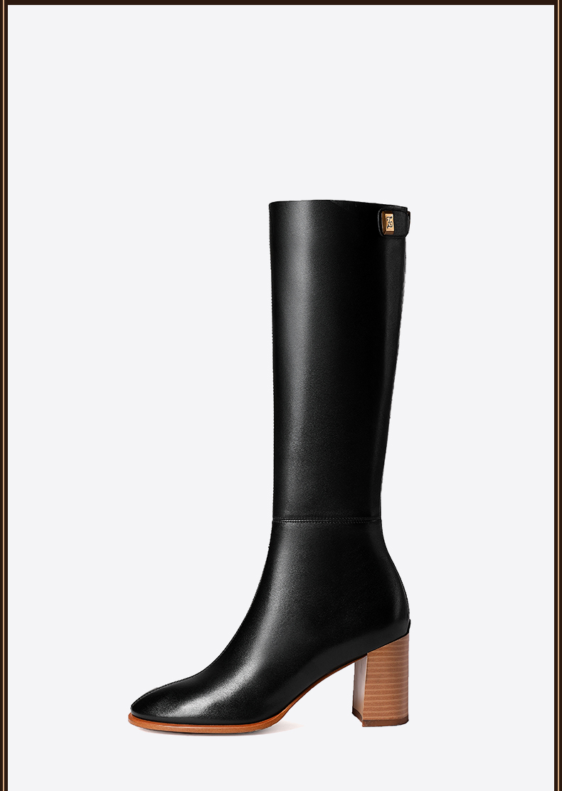 豪雅森奴冬新款中筒靴粗跟真皮高筒靴不过膝厚底百搭中跟长靴女a