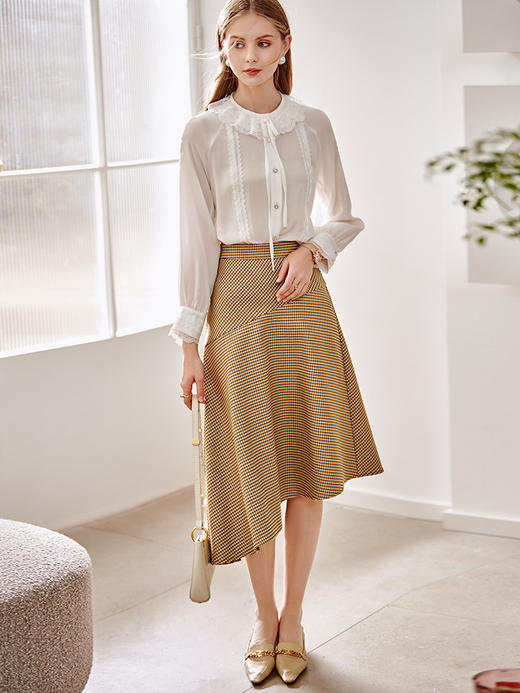 欧芮儿白色雪纺衬衫女春季新款重工蕾丝拼接系带领口简约气质衬衣 商品图2