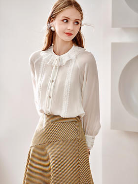 欧芮儿白色雪纺衬衫女春季新款重工蕾丝拼接系带领口简约气质衬衣