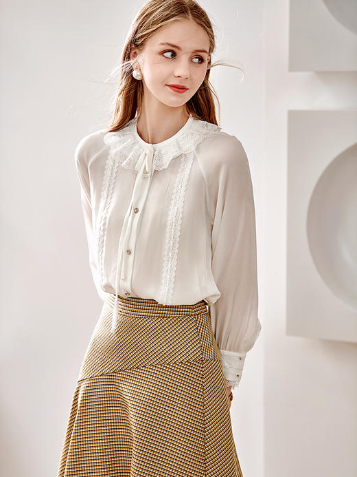 欧芮儿白色雪纺衬衫女春季新款重工蕾丝拼接系带领口简约气质衬衣 商品图0