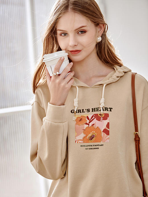 【最后一天】欧芮儿连帽长袖卫衣女春季新款印花钉珠年轻时髦宽松慵懒保暖上衣 商品图2