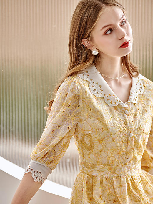 欧芮儿雪纺绣花连衣裙2021春季新款收腰显瘦复古优雅黄色裙子 商品图2