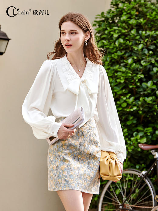 欧芮儿长袖缎面衬衫女春季新款复古优雅时髦气质翻领设计感衬衣 商品图0