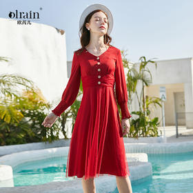 欧芮儿春新款长袖收腰连衣裙