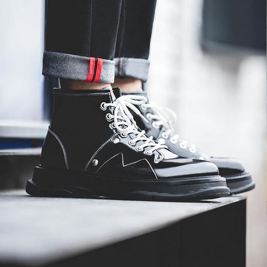 高帮鞋内增高男鞋厚底工装真皮中帮马丁靴男增高潮鞋 商品图1