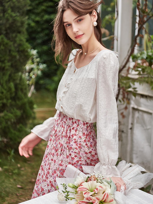 欧芮儿长袖提花衬衫女春新款荷叶边气质优雅简约时髦白色衬衣 商品图1