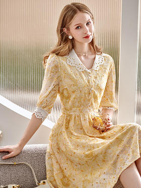 欧芮儿雪纺绣花连衣裙2021春季新款收腰显瘦复古优雅黄色裙子