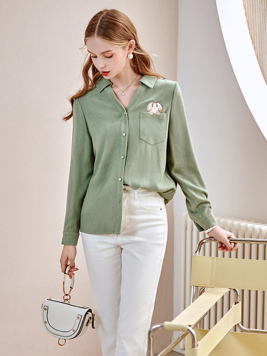 欧芮儿V领长袖衬衫女春新款口袋刺绣气质优雅宽松显瘦小清新衬衣 商品图1