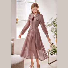 欧芮儿格纹雪纺连衣裙女春季新款收腰显瘦复古优雅年轻小心机