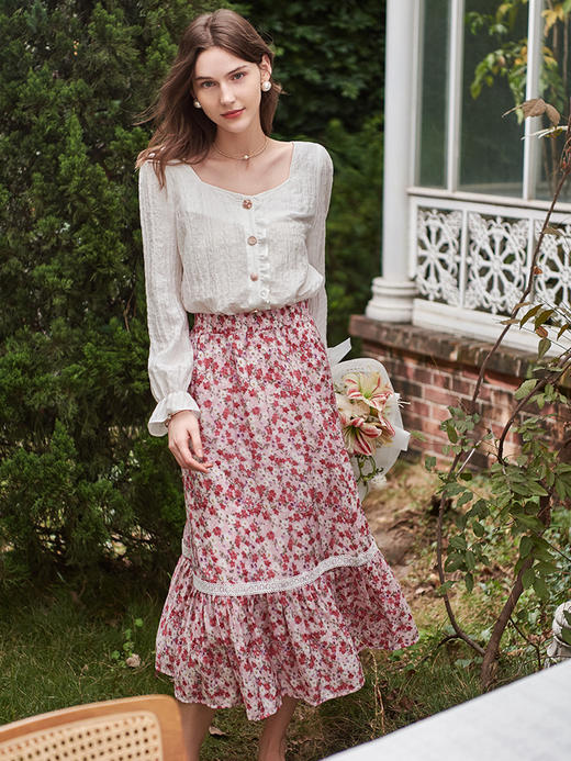 欧芮儿长袖提花衬衫女春新款荷叶边气质优雅简约时髦白色衬衣 商品图2