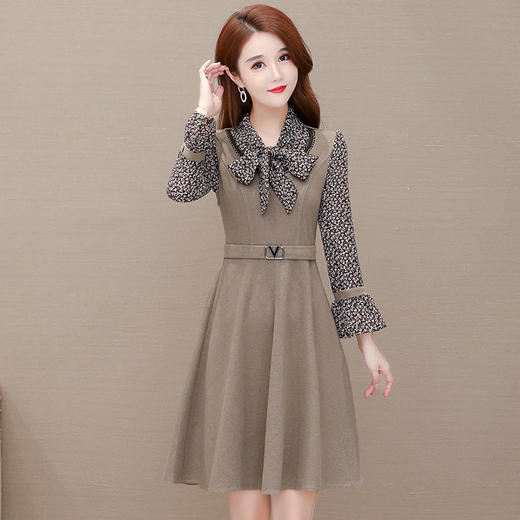 ywe-ksf20a312新款时尚气质修身蝴蝶结领长袖拼接碎花中长款连衣裙tzf