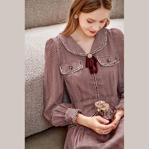 欧芮儿格纹雪纺连衣裙女春季新款收腰显瘦复古优雅年轻小心机 商品图1