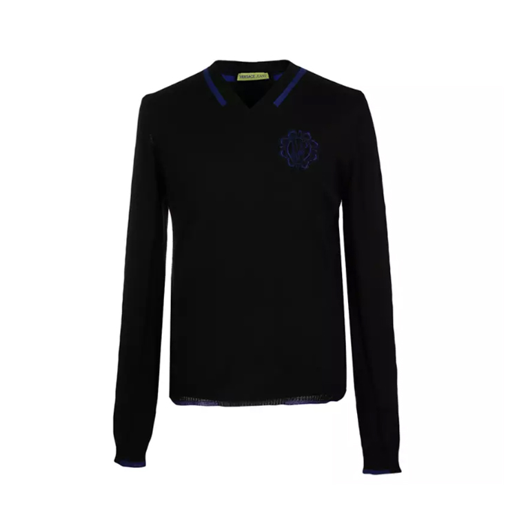 VERSACE JEANS 范思哲 男士黑色羊毛腈纶V领长袖针织衫 黑色 B5GSA834 56687 L46