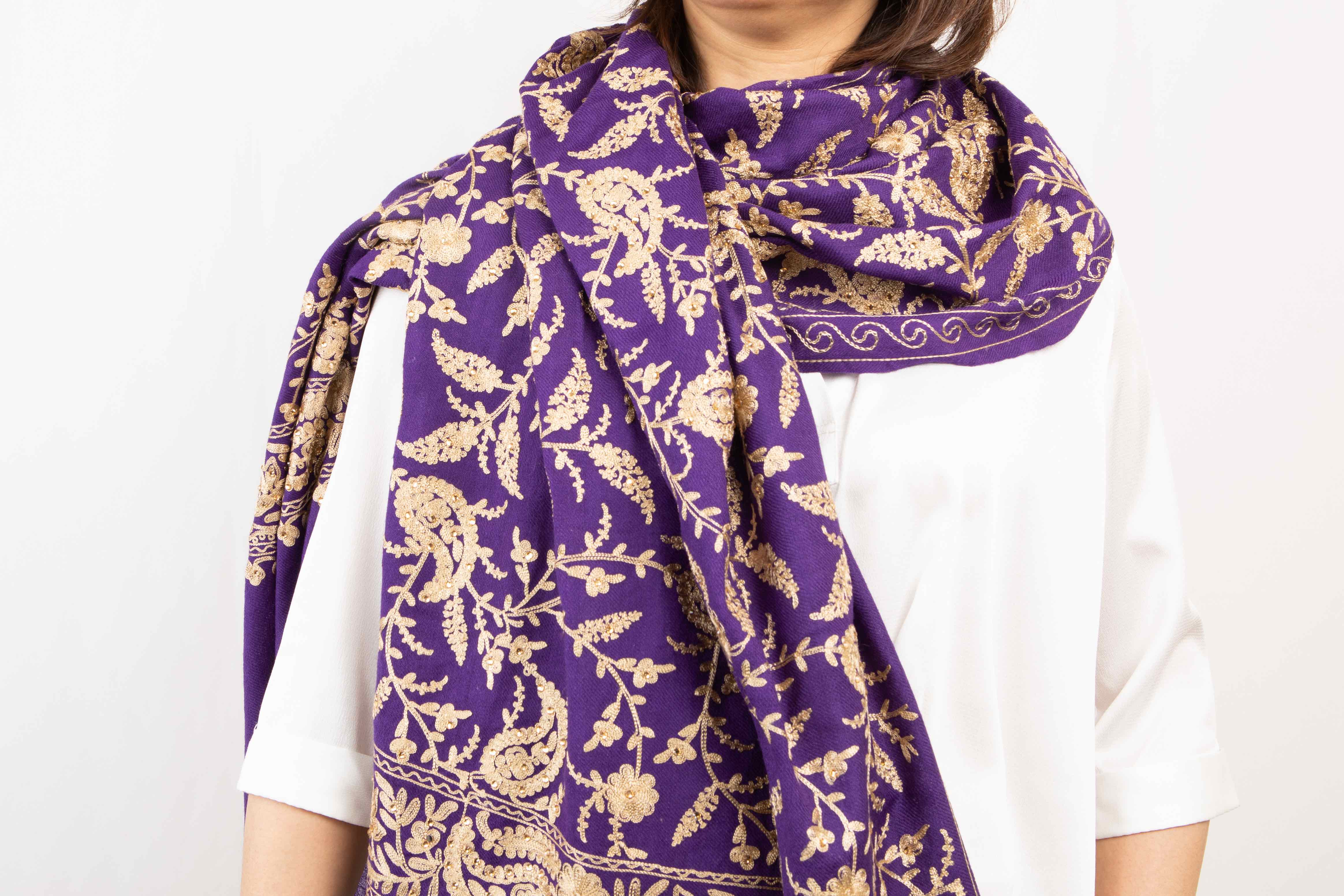 她乡悦品 豪华刺绣羊毛羊绒披肩带珍珠点缀