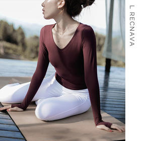 【裸感】V领长袖及臀长度瑜伽上衣女健身速干紧身衣修身运动服