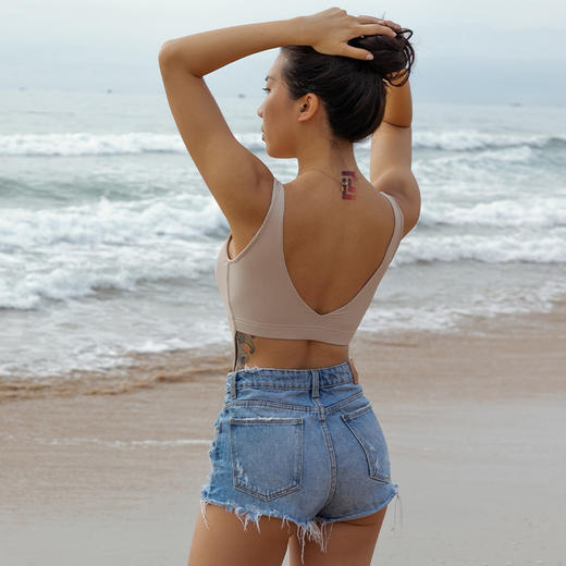 【螺纹面料】带胸垫后背露腰瑜伽服女无袖连体衣-裆部无按扣 商品图3