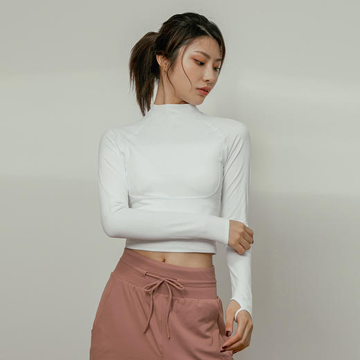 【裸感】立领插肩袖带手袖运动上衣女紧身长袖T恤-不带胸垫 商品图1