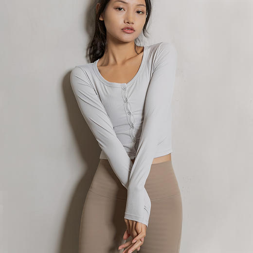 【螺纹面料】小高腰开衫瑜伽服长袖上衣女休闲外套跑步罩衫 商品图2