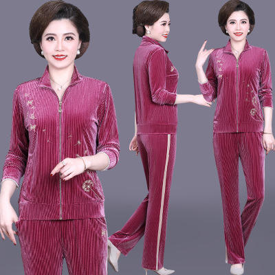 SP- 832513 外套2021新款阔太太套装中老年女春秋装金丝绒运动两件套 商品图3